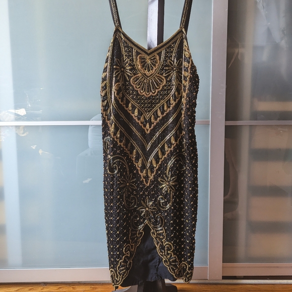 Absolutely stunning vintage hand beaded dress on silk - Size L - Picture 7 of 13